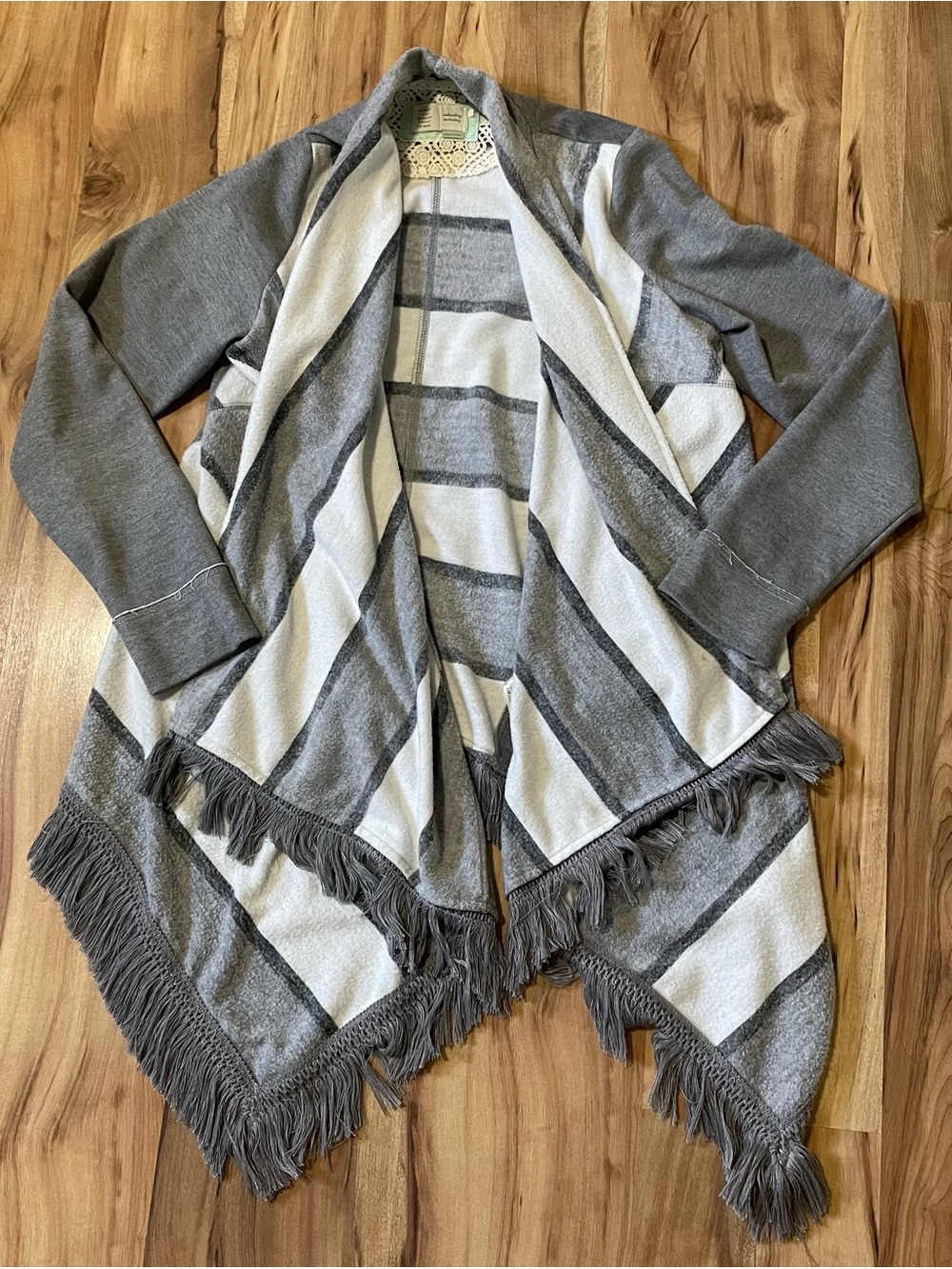 Saturday Sunday Anthropologie Elise Gray Striped Fringe Open Cardigan L
